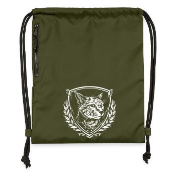 Heraldic cat in a wreath of leaves - Gymsac made from recycled material - military green - Front