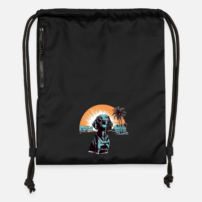 Labrador sur la plage avec coucher de soleil - Sac à cordon en polyester recyclé - noir