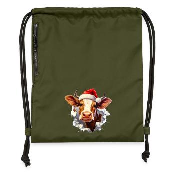 Kuh mit Weihnachtsmütze im Mauerloch - Turnbeutel aus Recycling-Material - military Green - Vorne