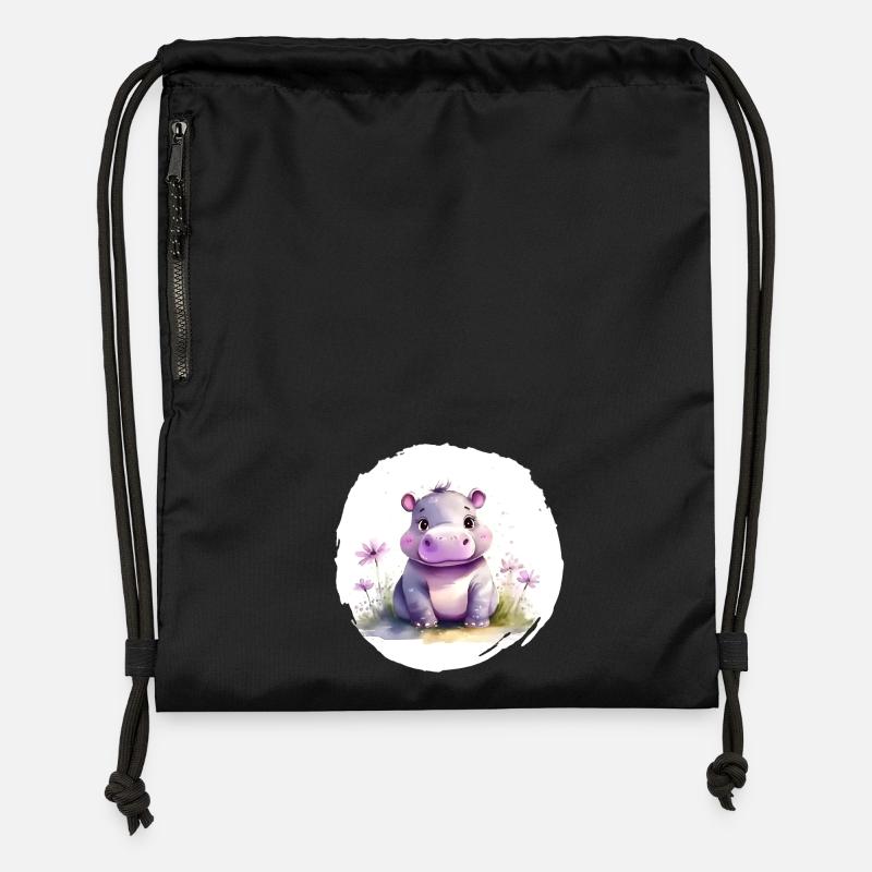 Aquarelle Hippopotame - Sac à cordon en polyester recyclé - noir