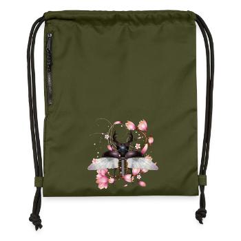 prächtiger Hirschkäfer mit Flügel & Magnolienblüte - Turnbeutel aus Recycling-Material - military Green - Vorne