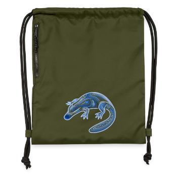 platypus, aboriginal motifs, tribal blue, - Gymsac made from recycled material - military green - Front