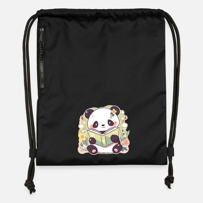 Panda Reading a Book - Cute Cartoon Design - Gymsac made from recycled material - black