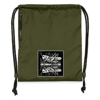 Spiegelbild der Natur – Heuschrecke in Symmetrie - Turnbeutel aus Recycling-Material - military Green - Vorne