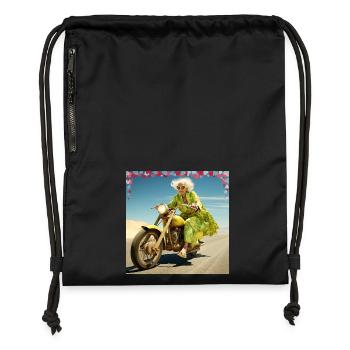 Mamie à moto dans le sable du désert Joie de vivre Age - Sac à cordon en polyester recyclé - noir - Devant