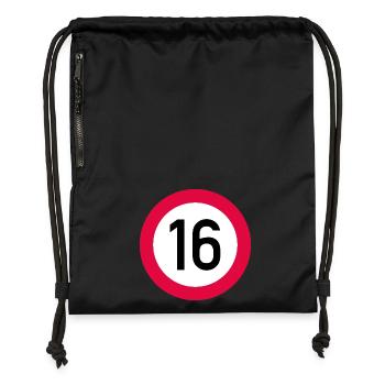 16. Geburtstag Achtung! Verkehrsschild 16 Km/h - Turnbeutel aus Recycling-Material - Schwarz - Vorne