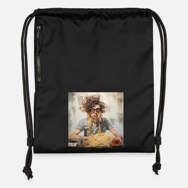 Junger Mann Nudelchaos Portrait mit Spaghetti - Turnbeutel aus Recycling-Material - Schwarz