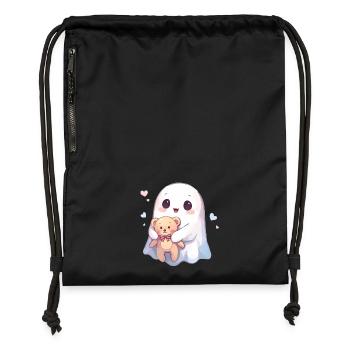 Kawaii Ghost with Teddy Bear and Hearts - Gymsac made from recycled material - black - Front