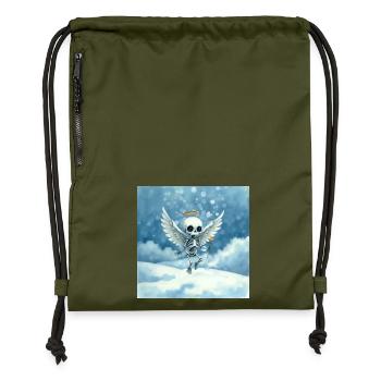 Skeleton angel with halo in clouds - Gymsac made from recycled material - military green - Front