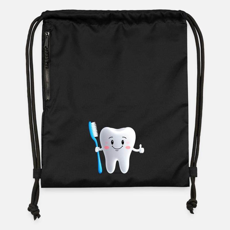 Dent souriante avec une brosse à dents - Sac à cordon en polyester recyclé - noir