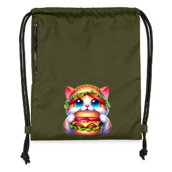 Drôle Chat Burger Hat Fantaisiste Mignon Restauration rapide - Sac à cordon en polyester recyclé - military green - Devant