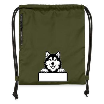 Badge nominatif de chiot Alaskan Malamute noir et blanc - Sac à cordon en polyester recyclé - military green - Devant