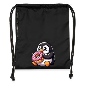 Mignon pingouin grignote sur beignet bande dessinée - Sac à cordon en polyester recyclé - noir - Devant
