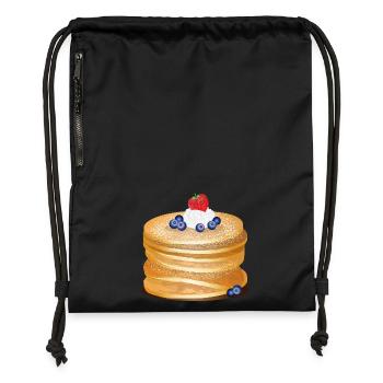Goldbraune Pancakes mit Beeren und Sahne Motiv - Turnbeutel aus Recycling-Material - Schwarz - Vorne