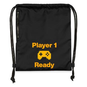 Player 1, Ready to Start, GaminGeek, Lan-Party - Turnbeutel aus Recycling-Material - Schwarz - Vorne