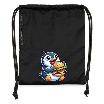 Skurriler Pinguin mit Hamburger lustig Chibi - Turnbeutel aus Recycling-Material - Schwarz - Vorne