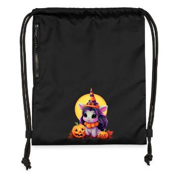 Süßes Halloween-Einhorn mit Kürbis und Hexenhut im - Turnbeutel aus Recycling-Material - Schwarz - Vorne