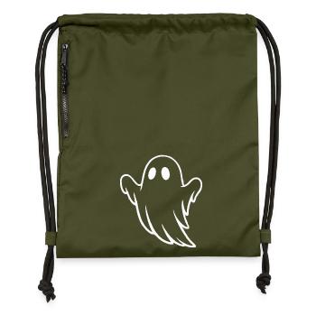 Whimsical Ghost Illustration for Halloween - Gymsac made from recycled material - military green - Front