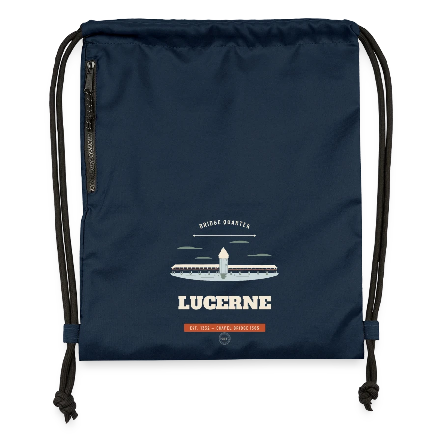 Lucerne badge on a gymsac made from recycled material, navy