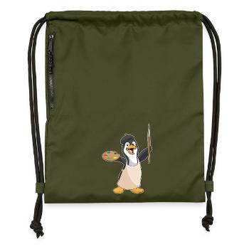 Penguin Painter Brush Painting - Gymsac made from recycled material - military green - Front
