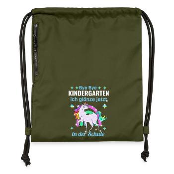 Bye Bye Kindergarten Glitzer Einhorn Einschulung - Turnbeutel aus Recycling-Material - military Green - Vorne