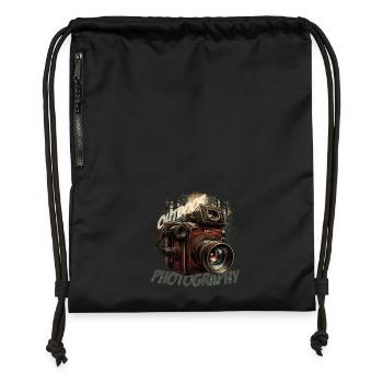 Camera in the forest with lettering - Gymsac made from recycled material - black - Front