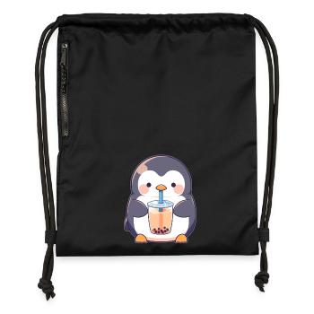 Kawaii Pinguin trinkt Boba Bubble Tea Chibi - Turnbeutel aus Recycling-Material - Schwarz - Vorne