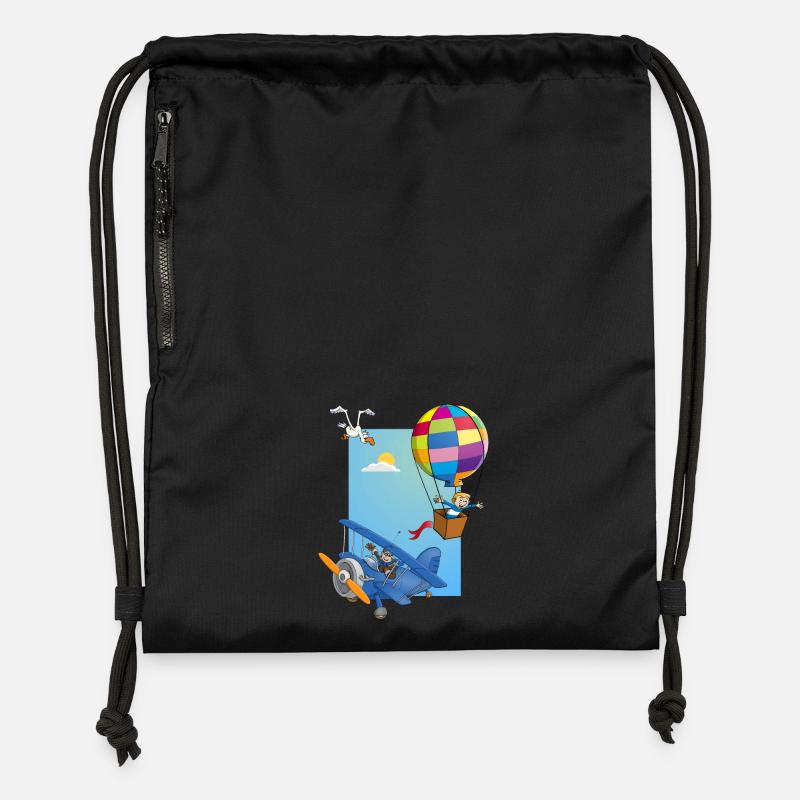 Garçon dans une montgolfière et un avion bleu - Sac à cordon en polyester recyclé - noir