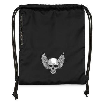 Totenkopf mit Flügel für Biker – Detailreich - Turnbeutel aus Recycling-Material - Schwarz - Vorne