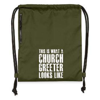 this is what a church greeter looks like - Gymsac made from recycled material - military green - Front