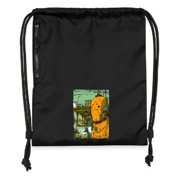 Cartoon of a sci-fi dystopia with robot - Gymsac made from recycled material - black - Front