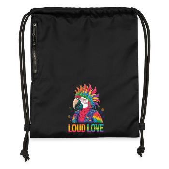 Loud. Colorful. Loving. Pride Parrot Power - Gymsac made from recycled material - black - Front