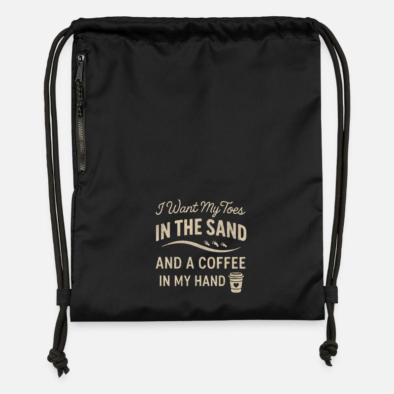 Je veux mes orteils dans le sable et un café en m - Sac à cordon en polyester recyclé - noir