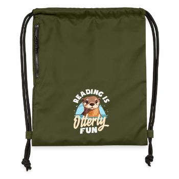 Sea Otter Cartoon Reading - Gymsac made from recycled material - military green - Front
