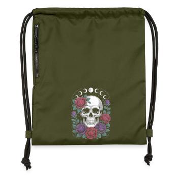 Gothic Skull with Moon Phases and Roses Design - Gymsac made from recycled material - military green - Front
