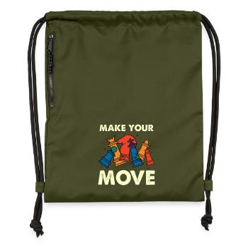 Mach deinen Zug – bunte Schachfiguren - Turnbeutel aus Recycling-Material - military Green - Vorne
