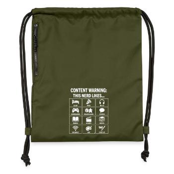 Content Warning – Nerd Culture Hobby Guide - Gymsac made from recycled material - military green - Front