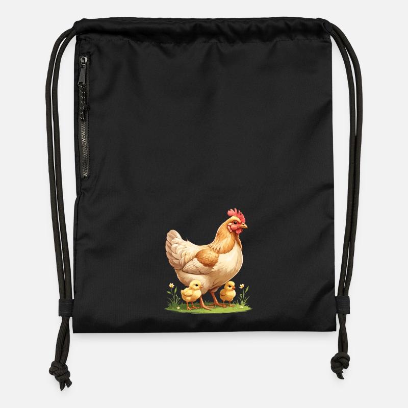 Poule avec poussin sur la prairie fleurie - Sac à cordon en polyester recyclé - noir