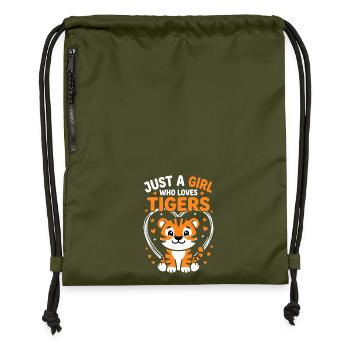 Süßes Tiger Design mit Herzen und Sternen - Turnbeutel aus Recycling-Material - military Green - Vorne