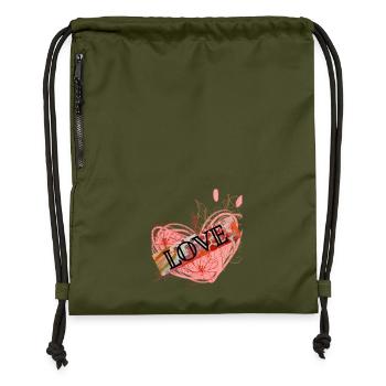 Herz mit Blumen und Liebesbotschaft - Turnbeutel aus Recycling-Material - military Green - Vorne