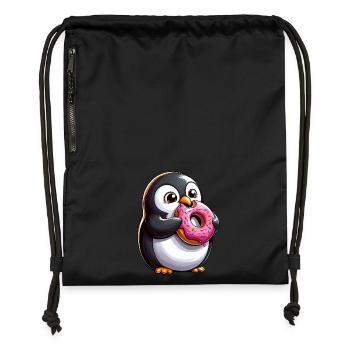 Mignon pingouin beignet dessin animé Crazy Candy - Sac à cordon en polyester recyclé - noir - Devant