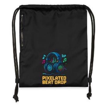 PIXELATED BEAT DROP Retro Pixel Kopfhörer 1UP - Turnbeutel aus Recycling-Material - Schwarz - Vorne