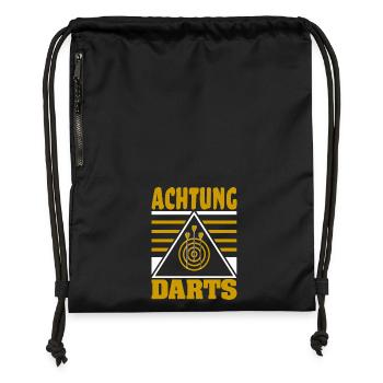 Achtung Darts Motiv mit Dartboard und Dartpfeilen - Turnbeutel aus Recycling-Material - Schwarz - Vorne