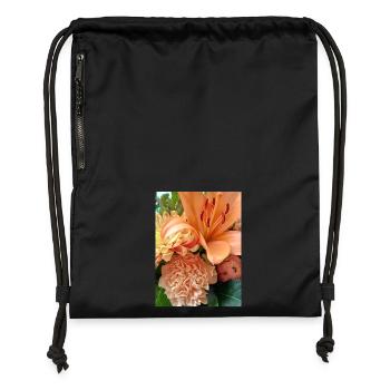 Warmes orangefarbenes Blumenmuster - Turnbeutel aus Recycling-Material - Schwarz - Vorne