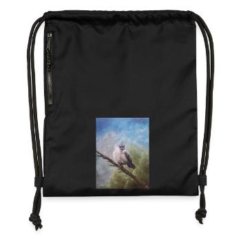 Whimsical Blue-Crested Bird Illustration - Gymsac made from recycled material - black - Front
