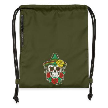 Mexican Sugar Skull Sombrero Roses - Gymsac made from recycled material - military green - Front