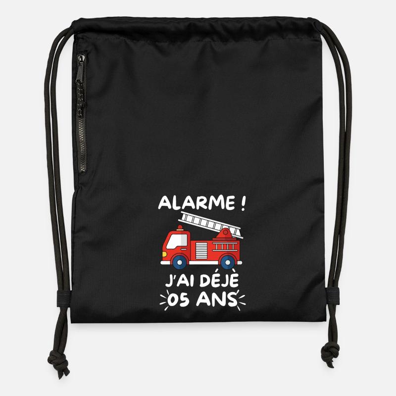 Alarme J’ai Déjà 5 Ans, Anniversaire Pompier - Sac à cordon en polyester recyclé - noir