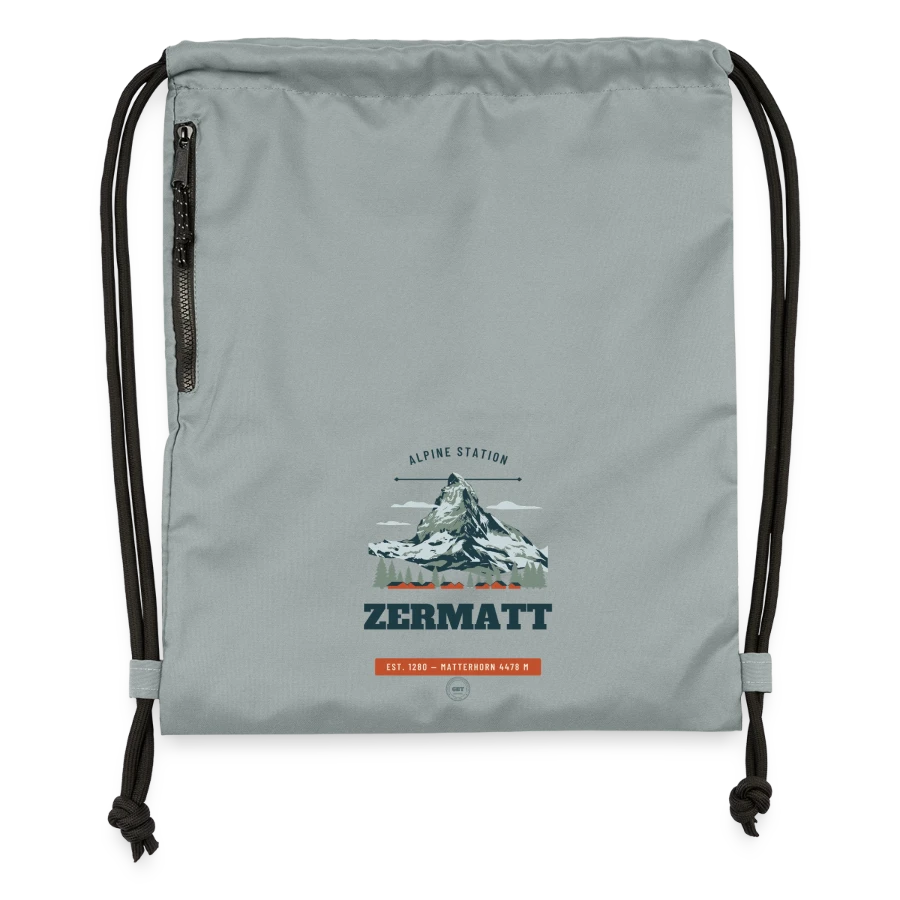 Zermatt badge on a gymsac made from recycled material, mineral charcoal grey