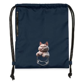 Evil looking cat in breast pocket - Gymsac made from recycled material - navy - Front
