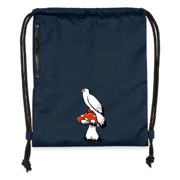 Bird sitting cute big mushroom dots toadstool - Gymsac made from recycled material - navy - Front